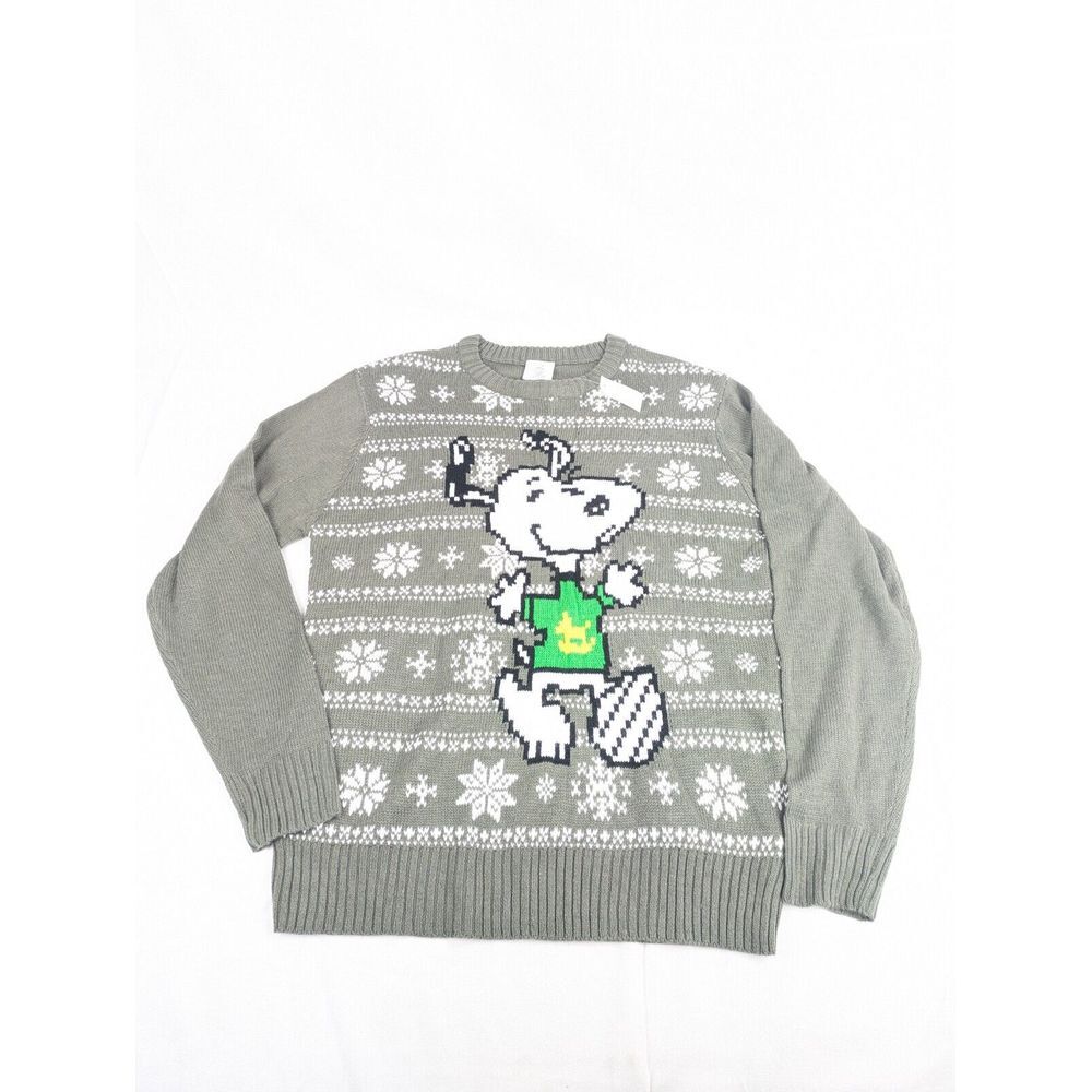 Peanuts Snoopy Gray‎ Knit Graphic Snowflake Pullover Sweater Unisex Size L NWT
